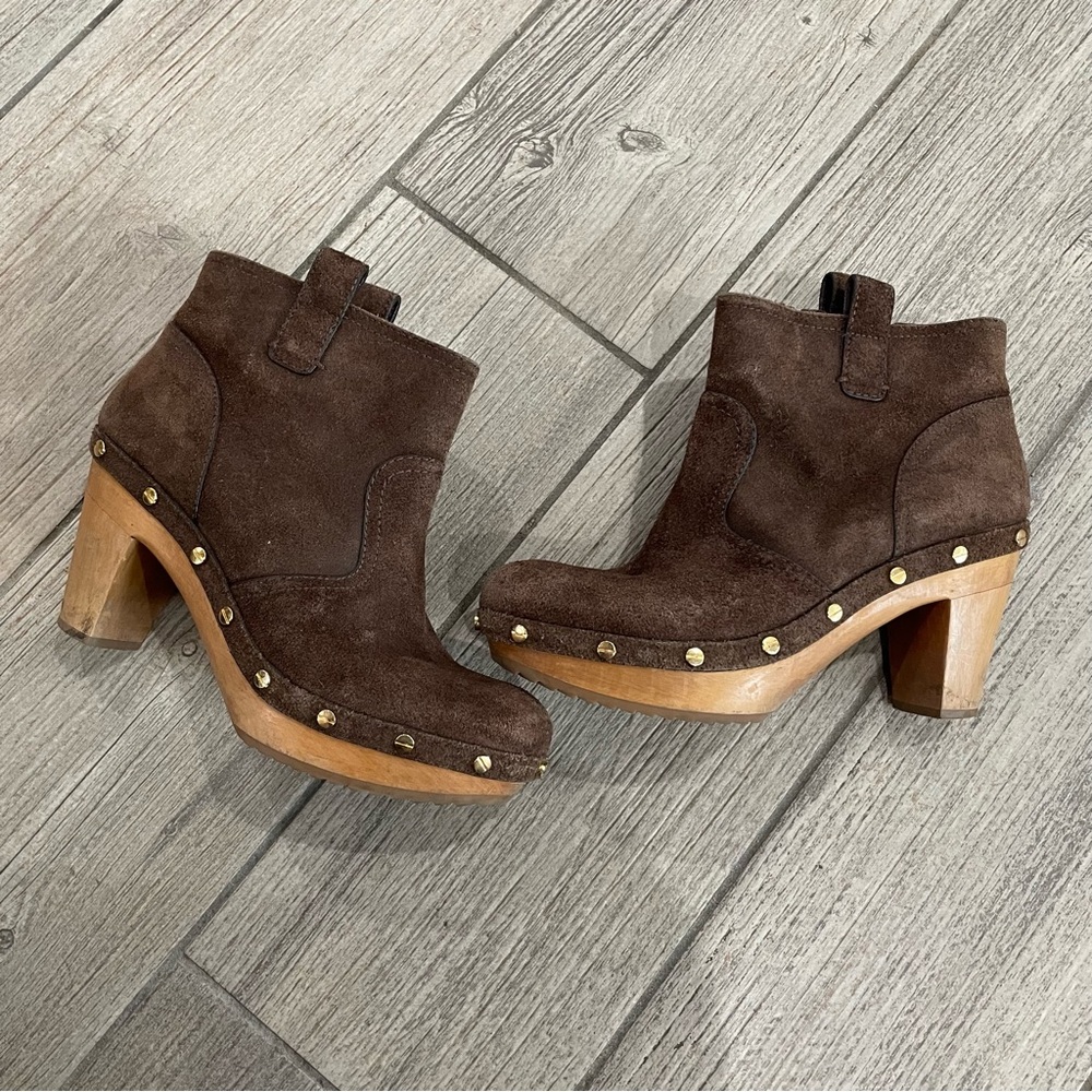 Tory Burch Brown Suede Clogs with Wooden Heel